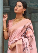 Blossom Pink Printed Linen Silk Saree