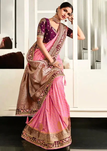 Carnation Pink Satin Silk Banarasi Saree