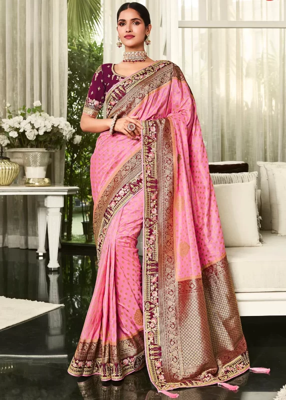 Carnation Pink Satin Silk Banarasi Saree