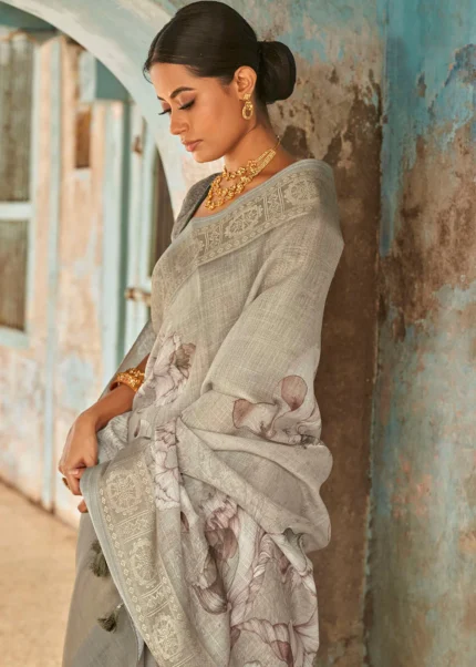 Cloud Gray Printed Linen Silk Saree