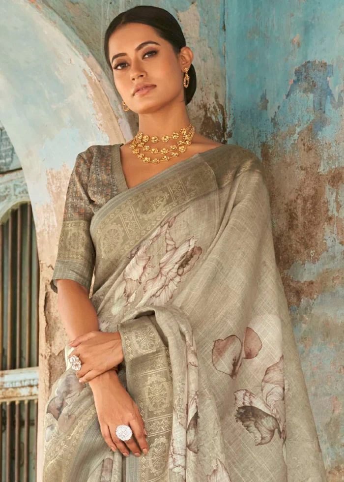 Cloud Gray Printed Linen Silk Saree