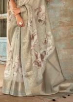 Cloud Gray Printed Linen Silk Saree