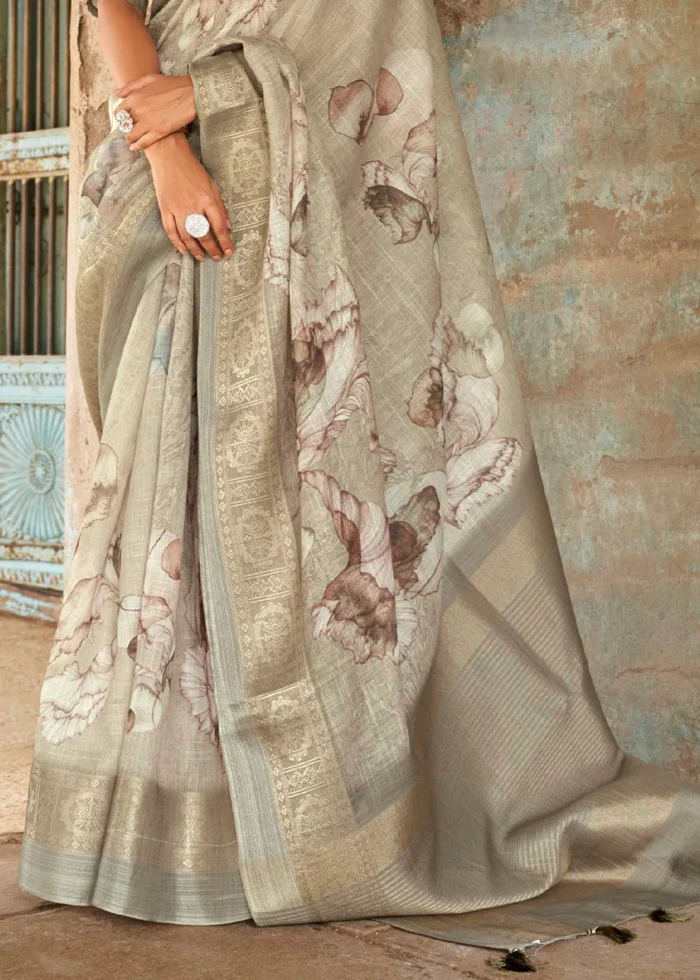 Cloud Gray Printed Linen Silk Saree