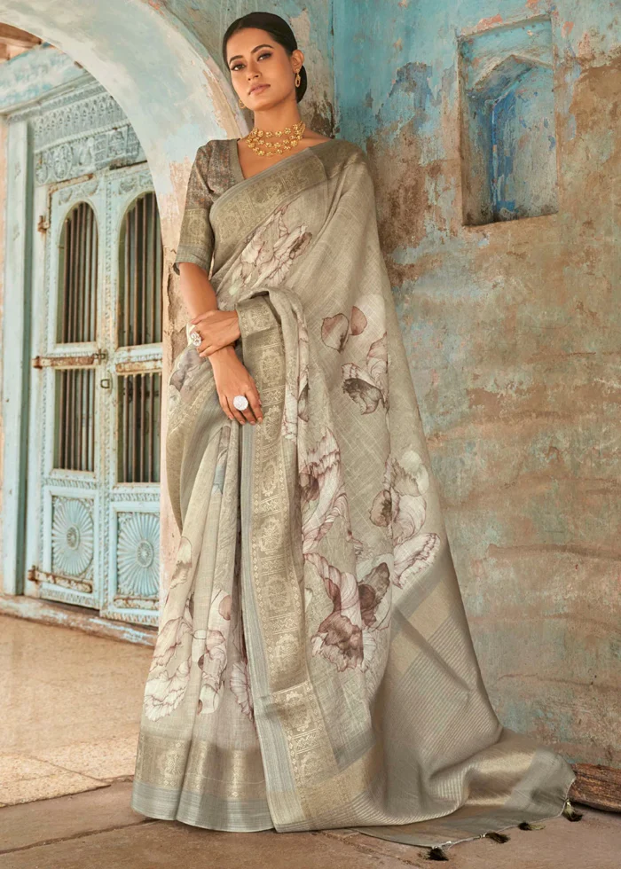 Cloud Gray Printed Linen Silk Saree