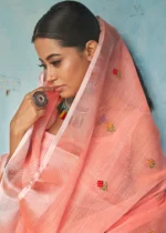 Coral Peach Embroidered Linen Saree