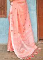 Coral Peach Embroidered Linen Saree