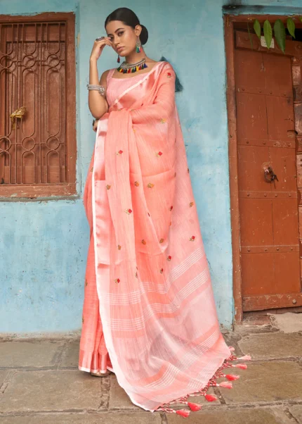 Coral Peach Embroidered Linen Saree