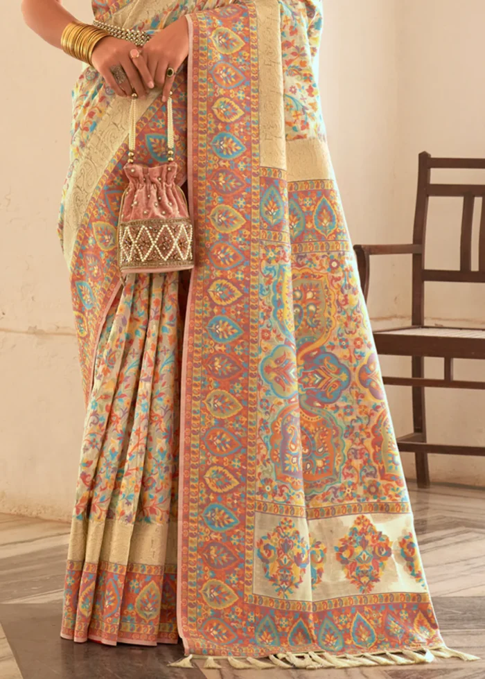 Cream Kashmiri Jamawar Silk Saree