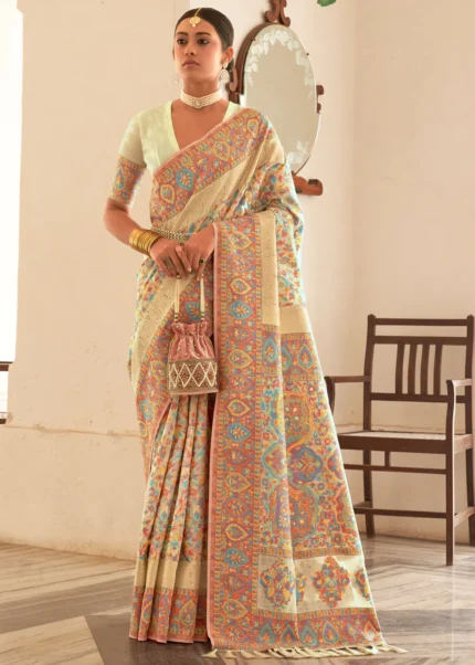 Cream Kashmiri Jamawar Silk Saree