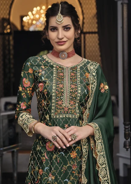 Dark Green Embroidery Palazzo Suit