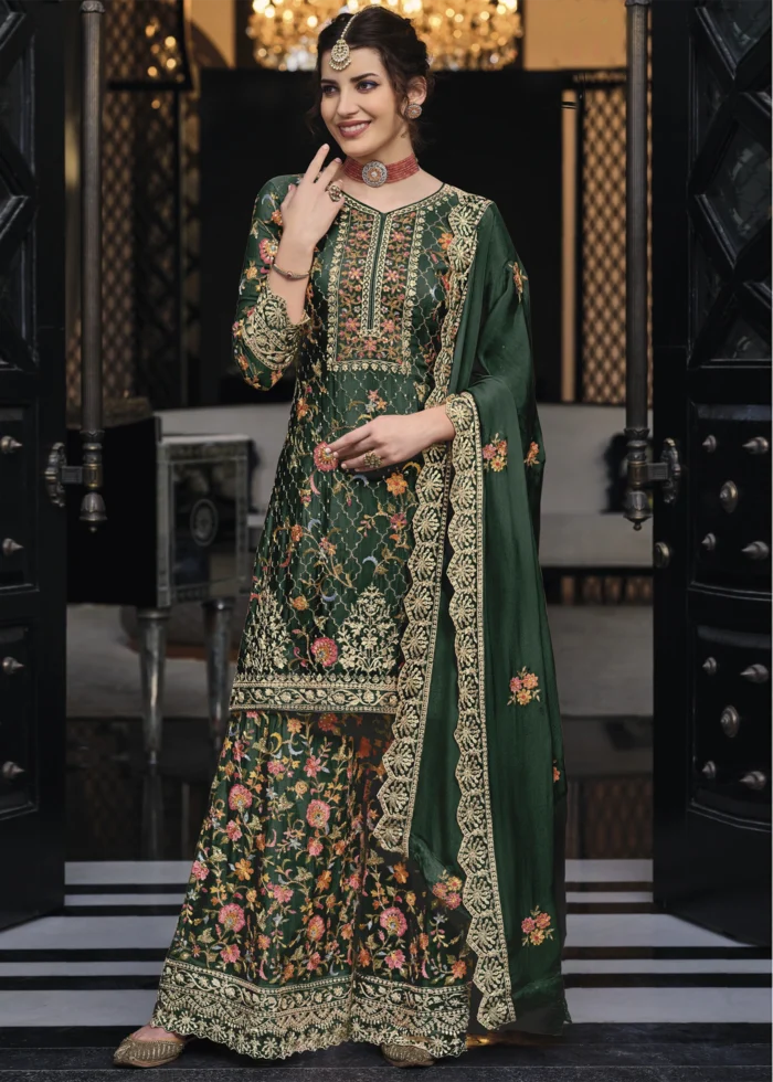 Dark Green Embroidery Palazzo Suit