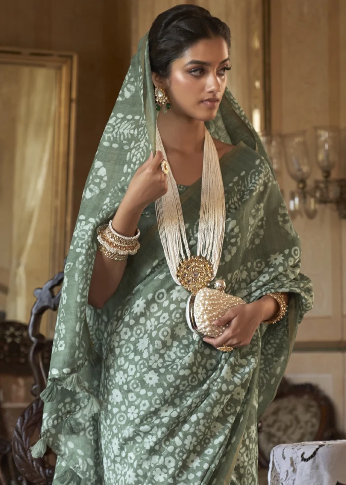 Dusky Green Linen Saree