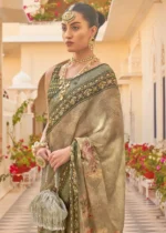 Dusky Green Printed Chiffon Silk Saree