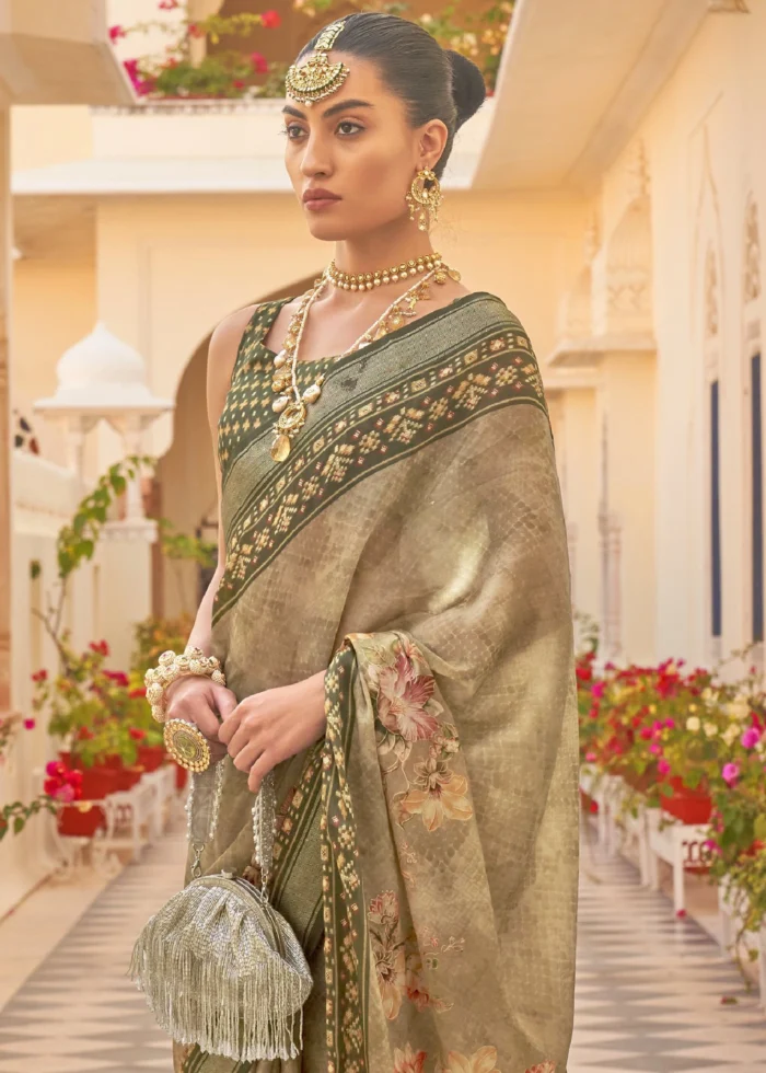 Dusky Green Printed Chiffon Silk Saree