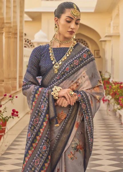 English Violet Printed Chiffon Silk Saree