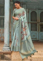 Fair Aqua Printed Linen Silk Saree