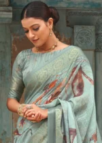 Fair Aqua Printed Linen Silk Saree