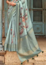 Fair Aqua Printed Linen Silk Saree