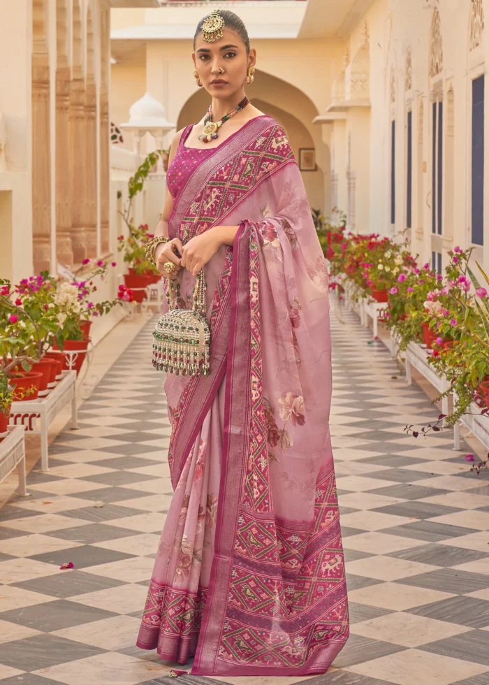 Froly Pink Printed Chiffon Silk Saree