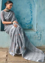 Gray Embroidered Linen Saree