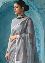 Gray Embroidered Linen Saree