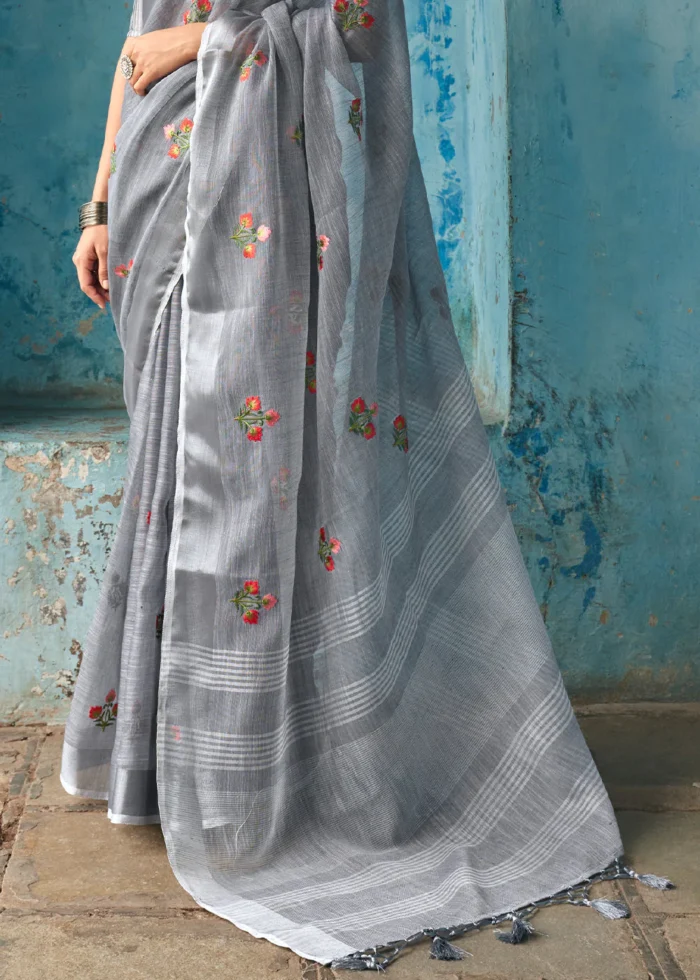 Gray Embroidered Linen Saree