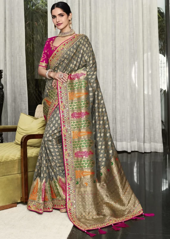 Gray Satin Silk Banarasi Saree