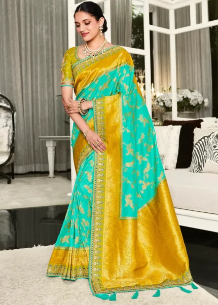 Green Satin Silk Banarasi Saree