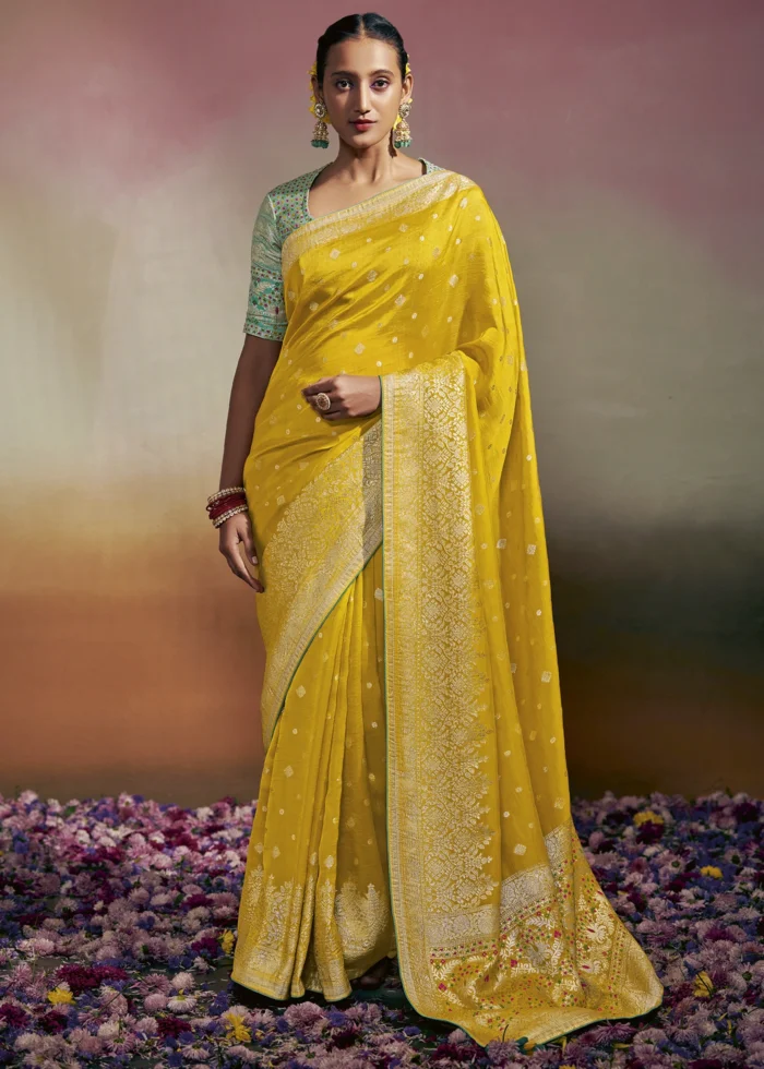 Lemon Yellow Dola Silk Banarasi Saree