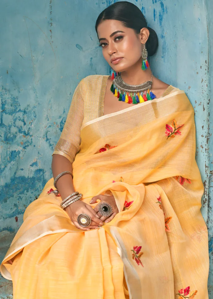 Marigold Orange Embroidered Linen Saree