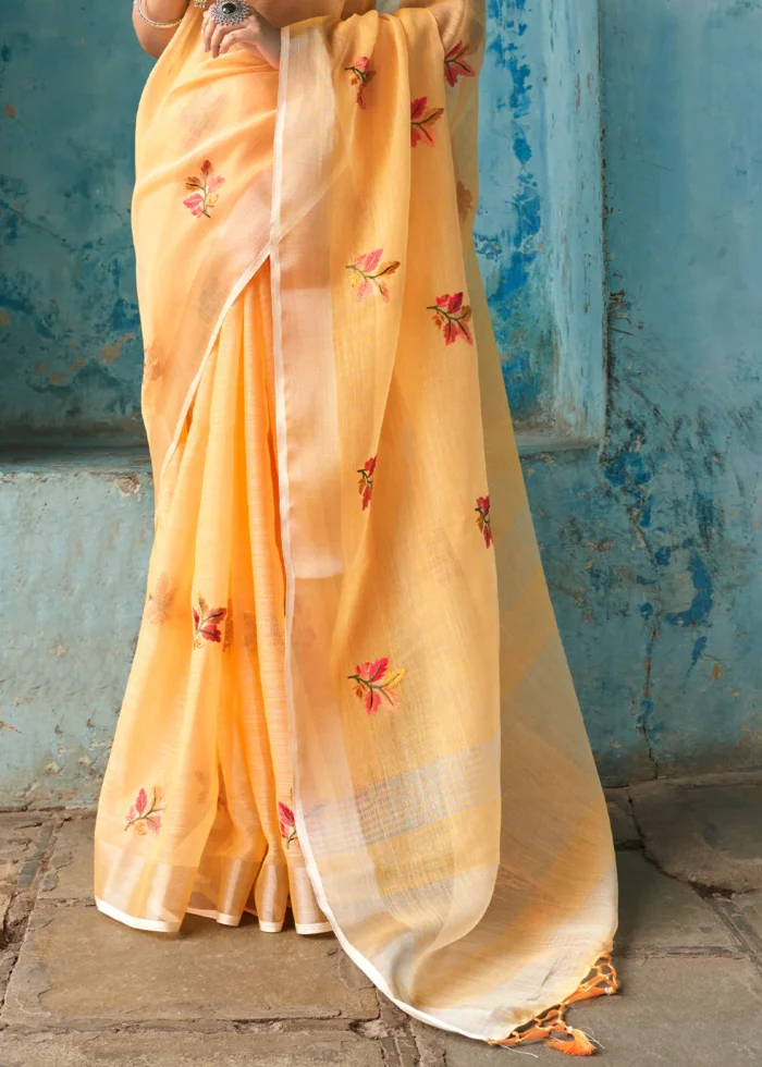 Marigold Orange Embroidered Linen Saree