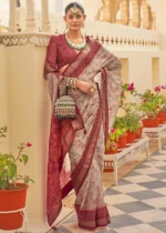 Maroon Printed Chiffon Silk Saree