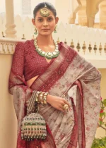 Maroon Printed Chiffon Silk Saree