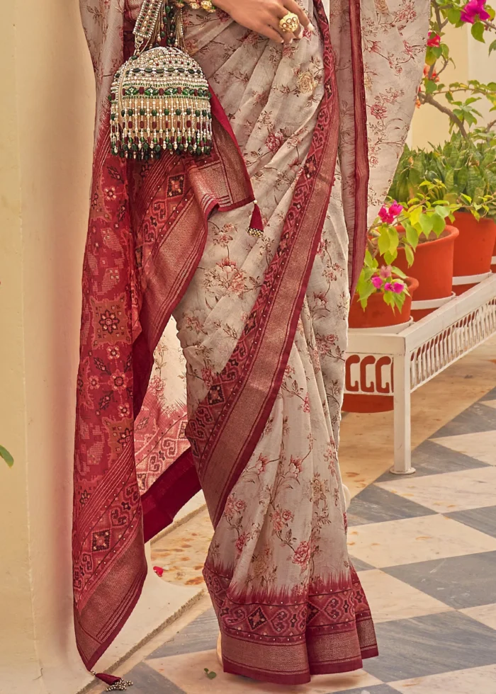 Maroon Printed Chiffon Silk Saree