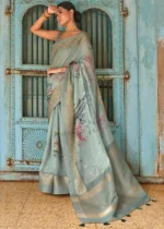 Mineral Green Printed Linen Silk Saree