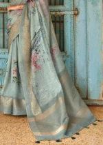 Mineral Green Printed Linen Silk Saree