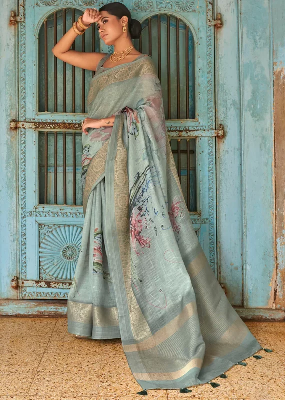 Mineral Green Printed Linen Silk Saree