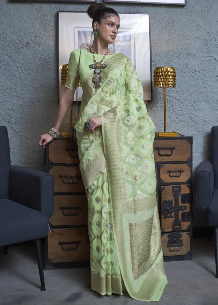 Mint Green Woven Linen Silk Saree