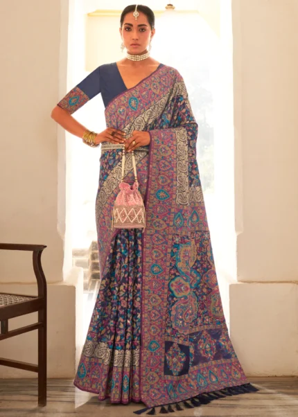 Navy Blue Kashmiri Jamawar Silk Saree