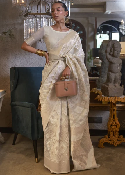 Off White Woven Linen Silk Saree