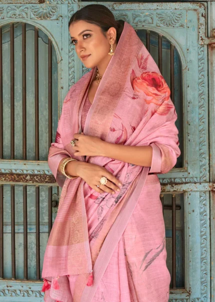 Orchid Pink Printed Linen Silk Saree