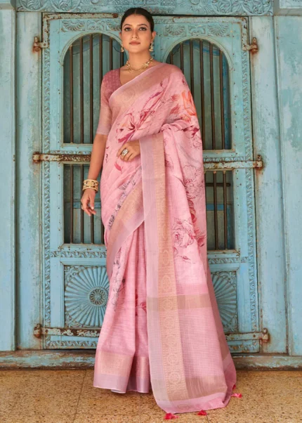 Orchid Pink Printed Linen Silk Saree