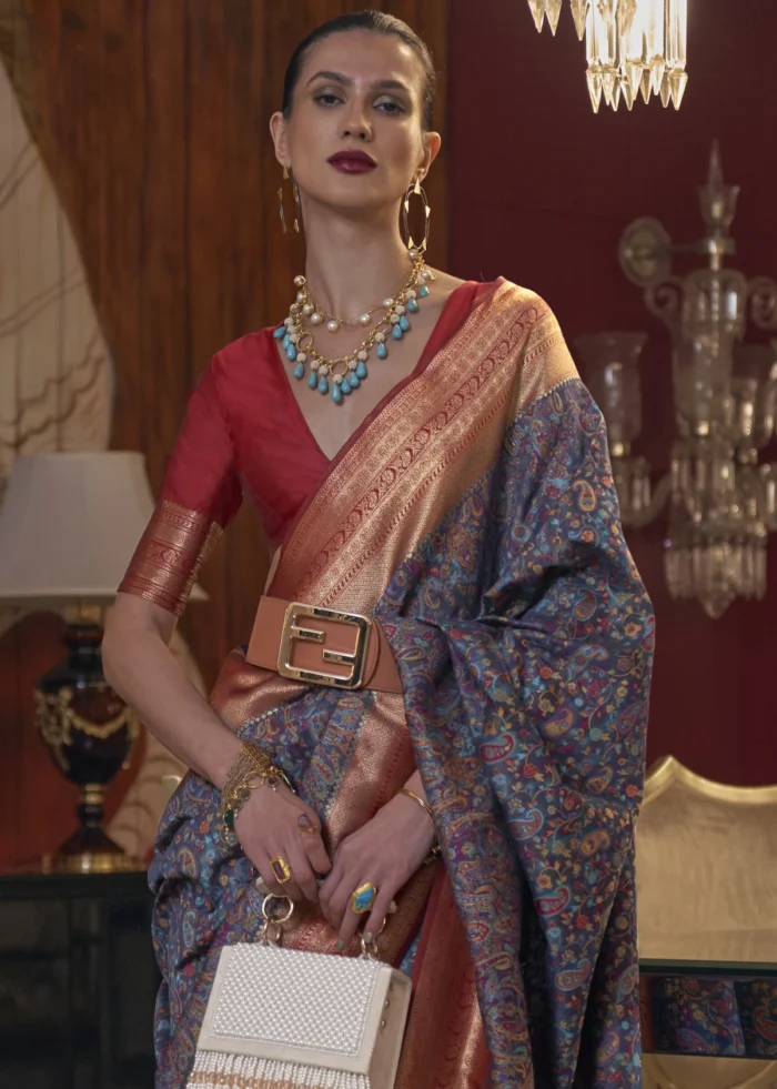 Oxford Blue Kashmiri Jamawar Silk Saree