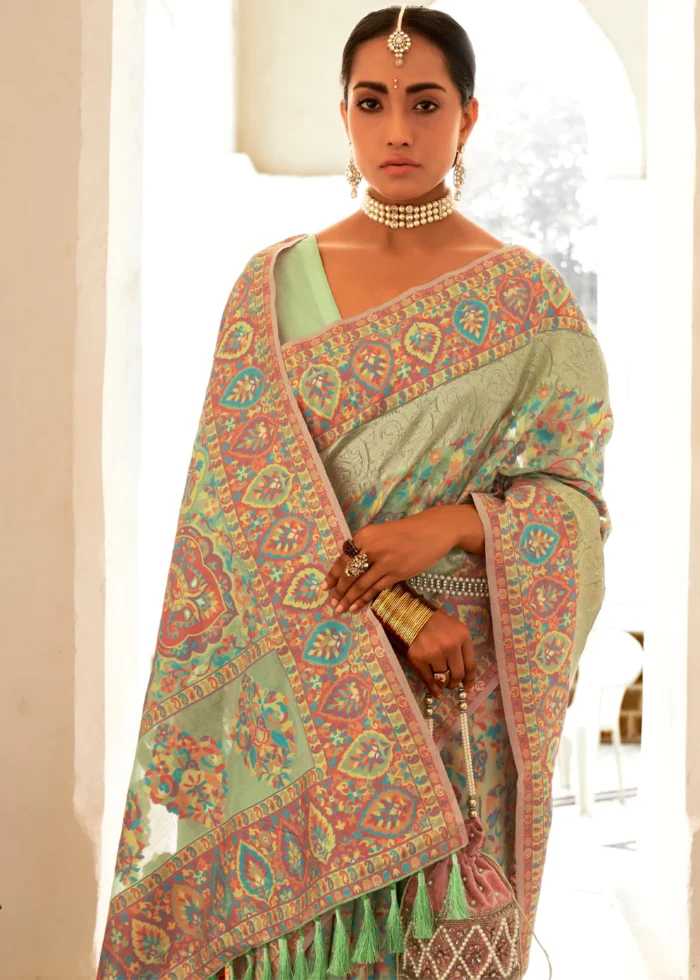 Pista Green Kashmiri Jamawar Silk Saree