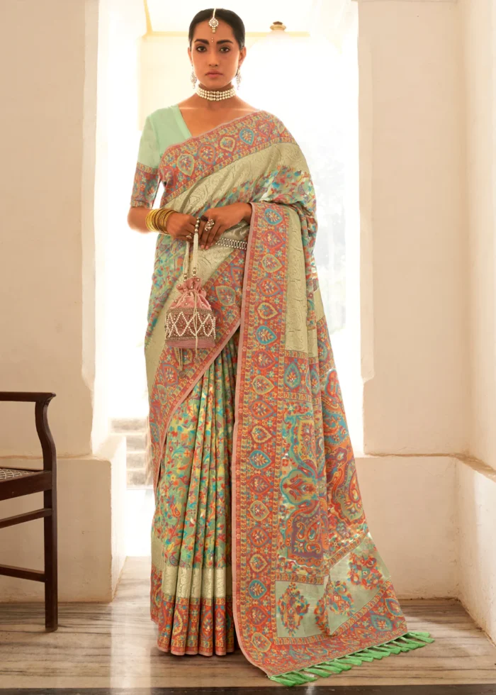 Pista Green Kashmiri Jamawar Silk Saree