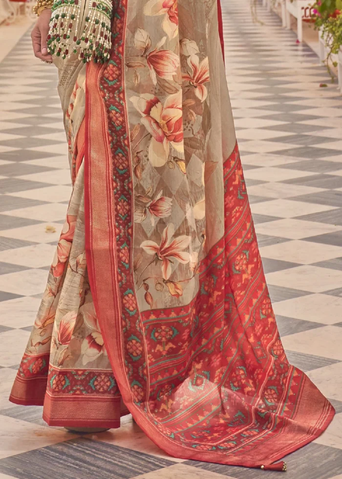 Poppy Red Printed Chiffon Silk Saree