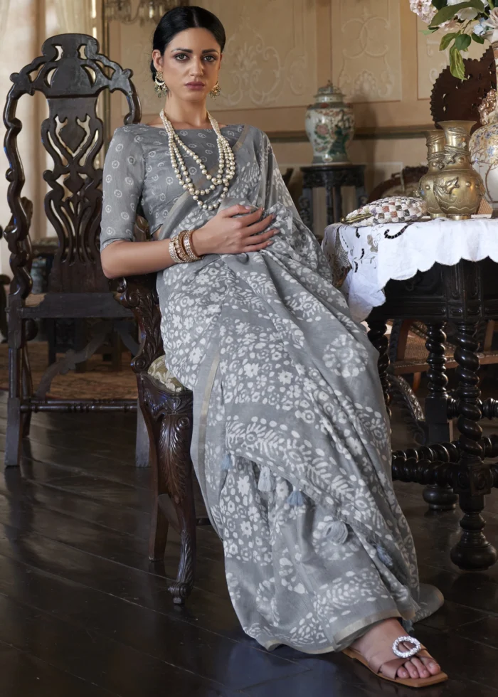 Powder Gray Linen Saree