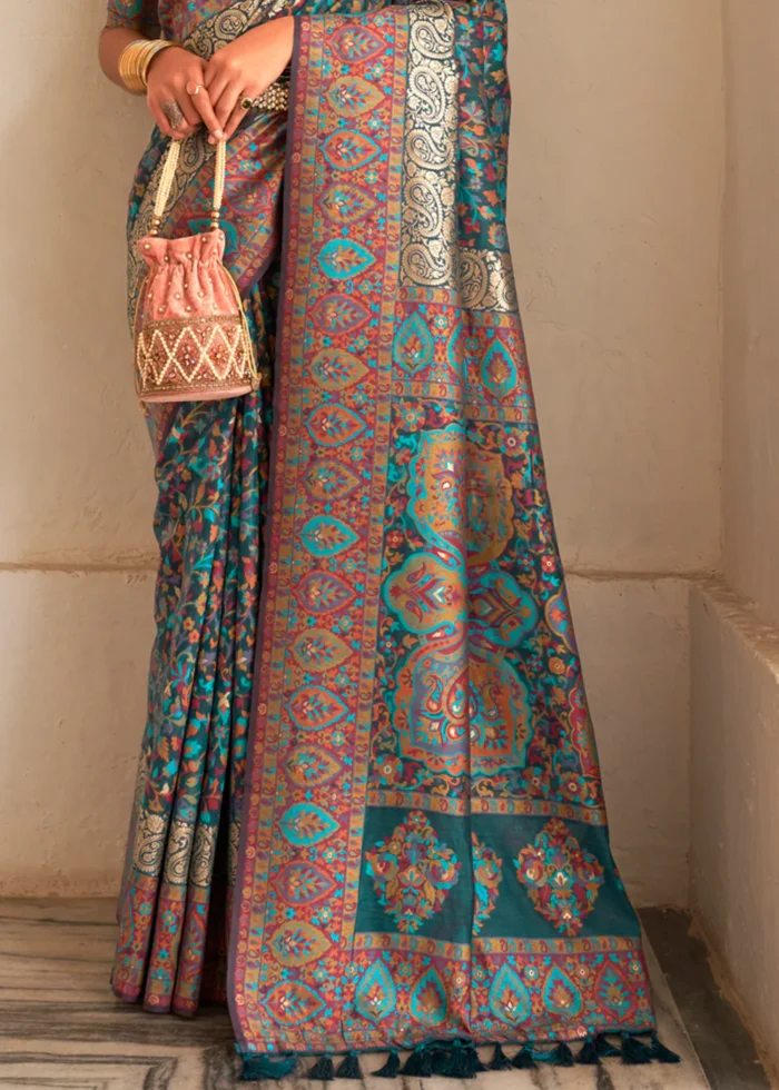 Rama Blue Kashmiri Jamawar Silk Saree