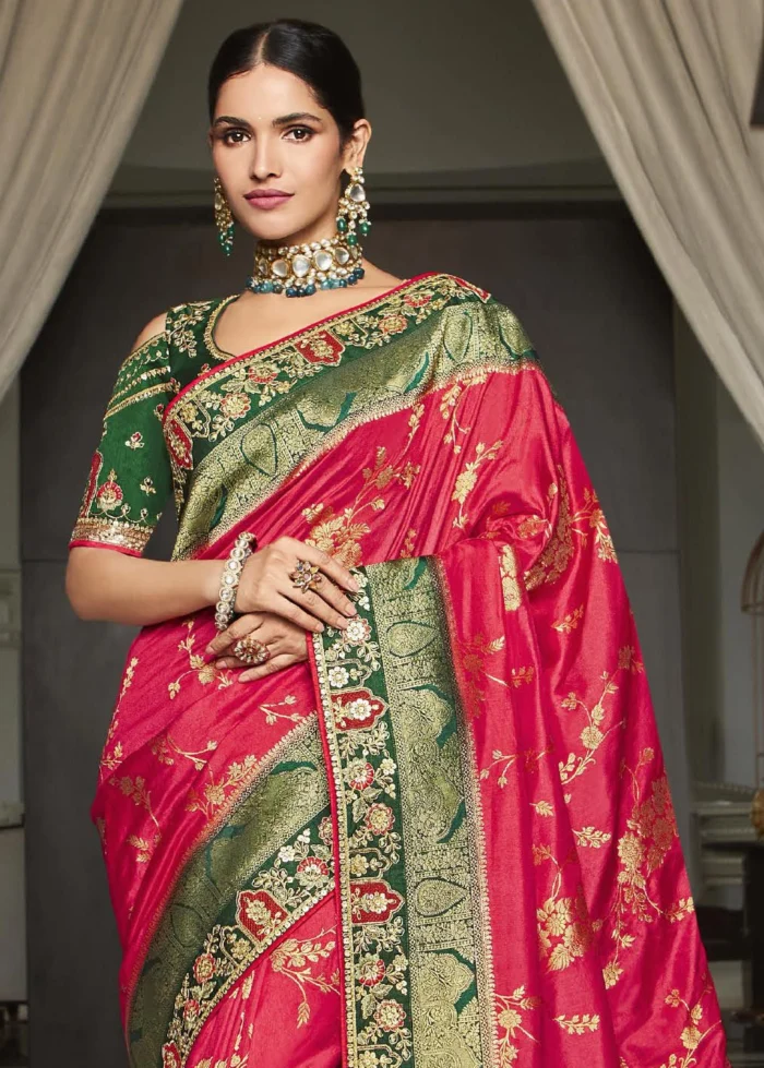 Ruby Pink Satin Silk Banarasi Saree