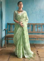 Sage Green Embroidered Linen Saree